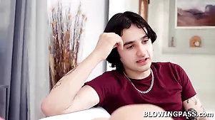 Random chap having easy blowjob close to his petite teen roommate